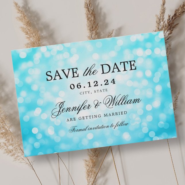Reserve A Data Luzes Turquoise Bokeh de Casamento Elegante (Elegant Script Wedding Turquoise Bokeh Lights Save The Date)