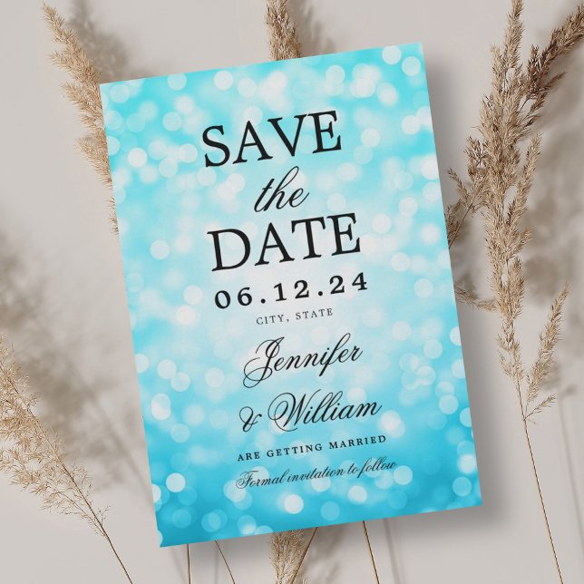 Reserve A Data Luzes Turquoise Bokeh de Casamento Elegante (Elegant Script Wedding Turquoise Bokeh Lights Save The Date)