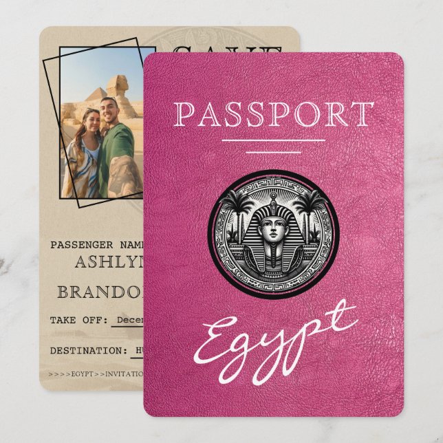 Reserve A Data Magenta Egypt Passport Wedding Save the Date (Frente/Verso)