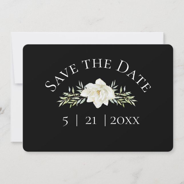 Reserve A Data Magnólia Branca no Preto de Casamento Save the Dat (Frente)