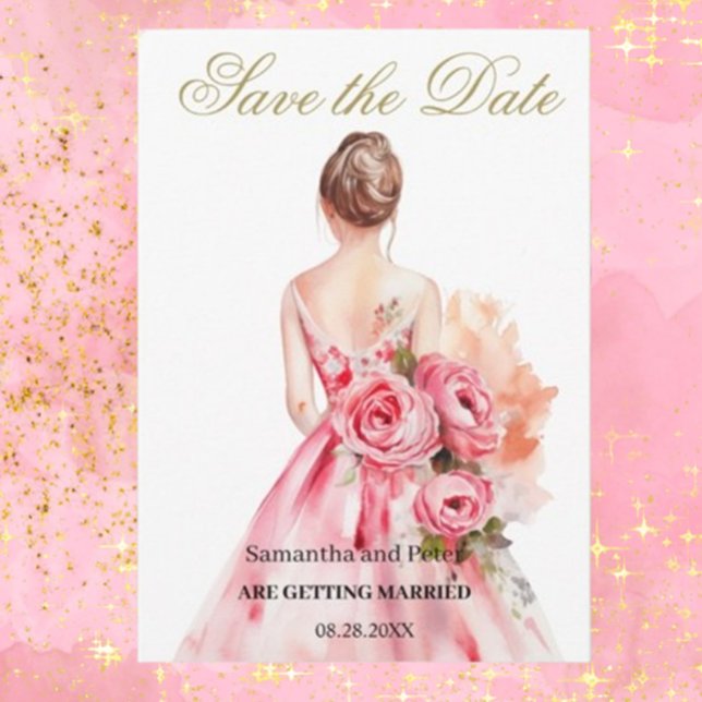 Reserve A Data Mancha de Casamento de Aquarela Dourada Salvar a D (Capture hearts with our Watercolor Wedding Gown Save the Date! Designed by Brett Designs, )