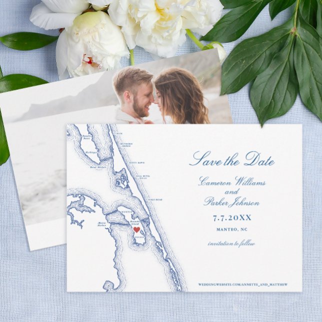 Reserve A Data Manteo NC Outer Banks Mapa Casamento Legante (Manteo NC Map Save the Dates with elegant navy blue Outer Banks OBX map by Coastal Map Designs)