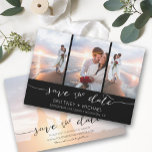 Reserve A Data Mão - 3 Imagem Preta<br><div class="desc">Escolha as melhores fotos de sua filmagem de noivado ou suas fotos favoritas de vocês dois para salvar a data perfeita. As palavras salvar a data são manuscritas para dar uma sensação pessoal ao cartão. A frente tem 3 imagens e a parte traseira tem uma grande imagem com um filtro...</div>