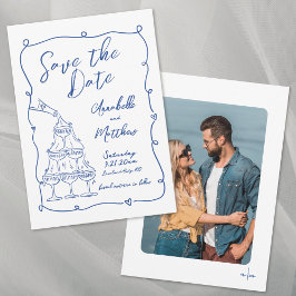Reserve A Data Mão Desenhada Caprichosa Foto Azul Casamento
