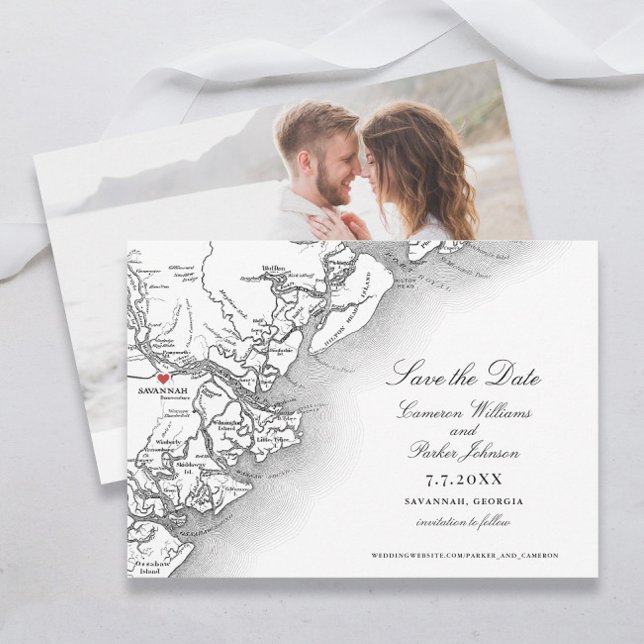 Reserve A Data Mapa Branco Negra do Casamento entre Savannah Geor (Elegant Savannah Georgia Map Save the Dates with classic black and white typography and photo )