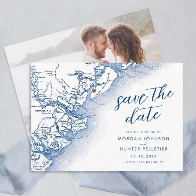 Reserve A Data Mapa de Casamento Moderno Hilton Head Carolina do  (Hilton Head Island SC map Wedding Photo Save the Date in Modern Navy Blue by Coastal Map Designs)