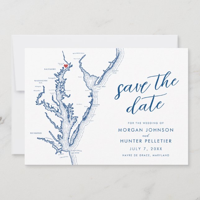 Reserve A Data Mapa de Havre de Grace Maryland Casamento Moderno (Frente)