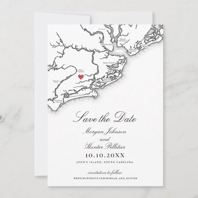 Reserve A Data Mapa de Johns Island SC Elegante Preto e Branco Ca (Frente)