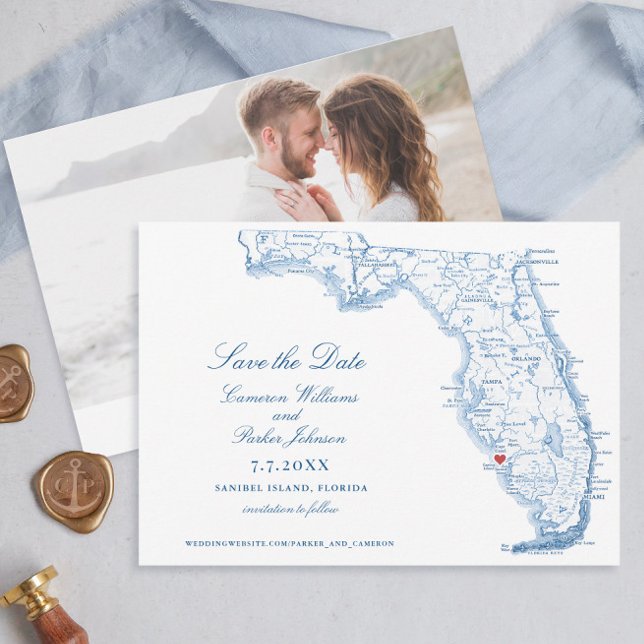 Reserve A Data Mapa de Marinhos Caseiros da Ilha Elegante Sanibel (Elegant Sanibel Island Florida Wedding Save the dates in navy blue from Coastal Map Designs)