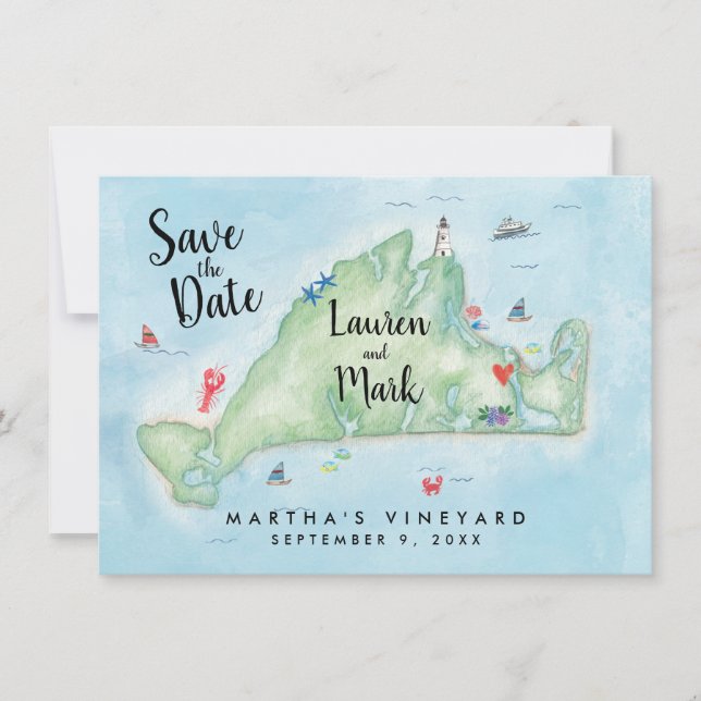 Reserve A Data Mapa de Martha's Vineyard em Aquarela Salve a Data (Frente)