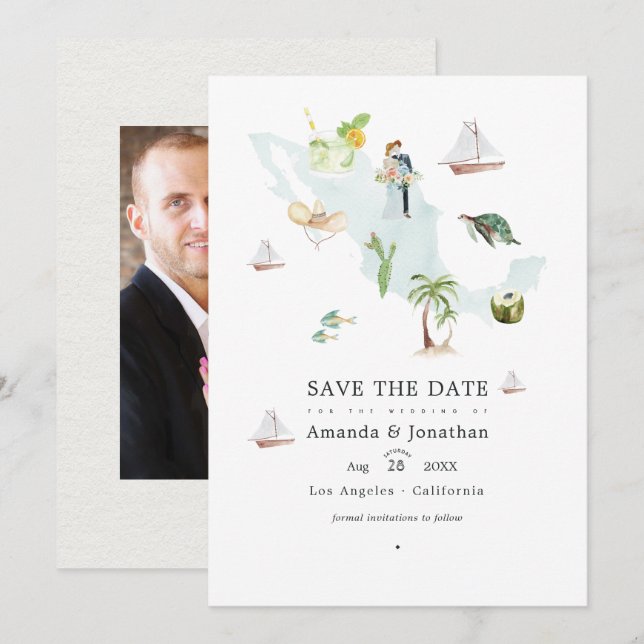 Reserve A Data Mapa de México aquarela Foto de Casamento Destino (Frente/Verso)