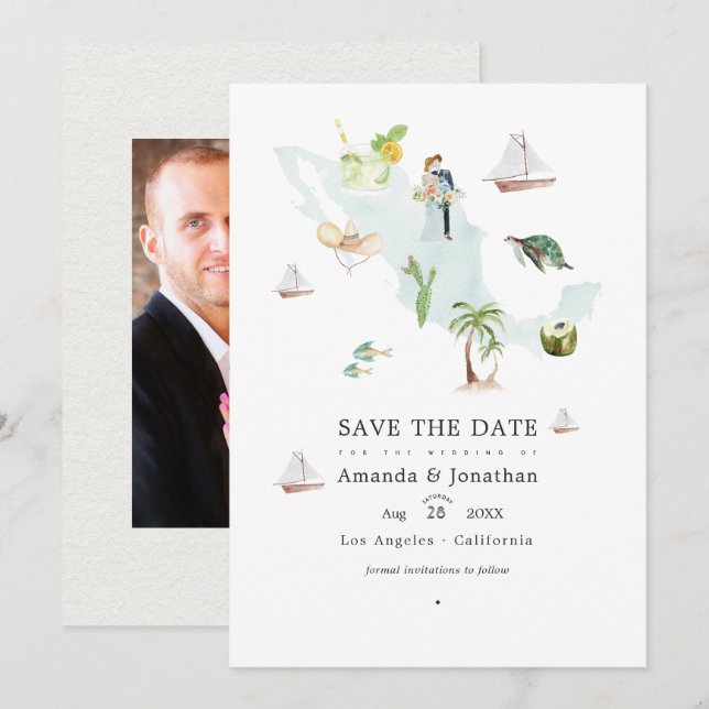 Reserve A Data Mapa de México em Aquarela Foto de Casamento no De (Frente/Verso)