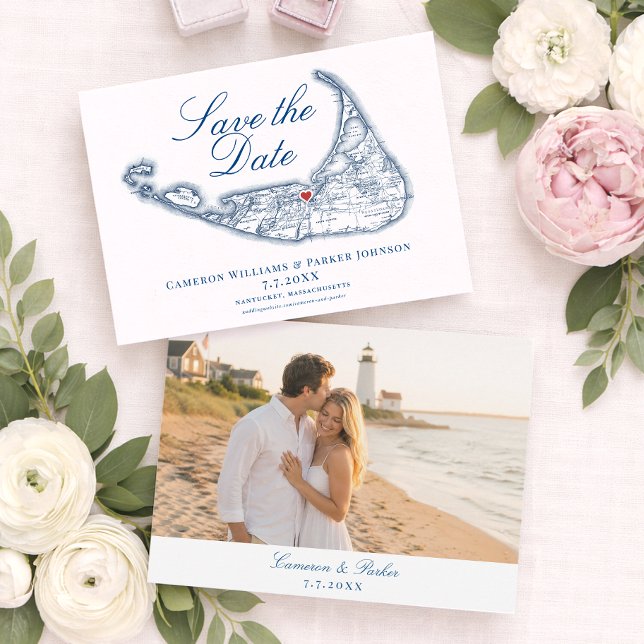 Reserve A Data Mapa de Nantucket Elegante Casamento Azul Marinho (Nantucket Map Save the Date for a White Elephant Wedding in elegant navy blue by Coastal Map Designs)
