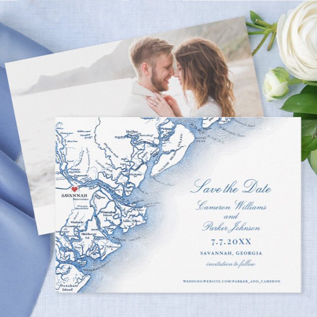 Reserve A Data Mapa do Marinho Casado de Savannah Georgia (Elegant Savannah Georgia Map Save the Dates with classic navy typography and photo from Coastal Map )