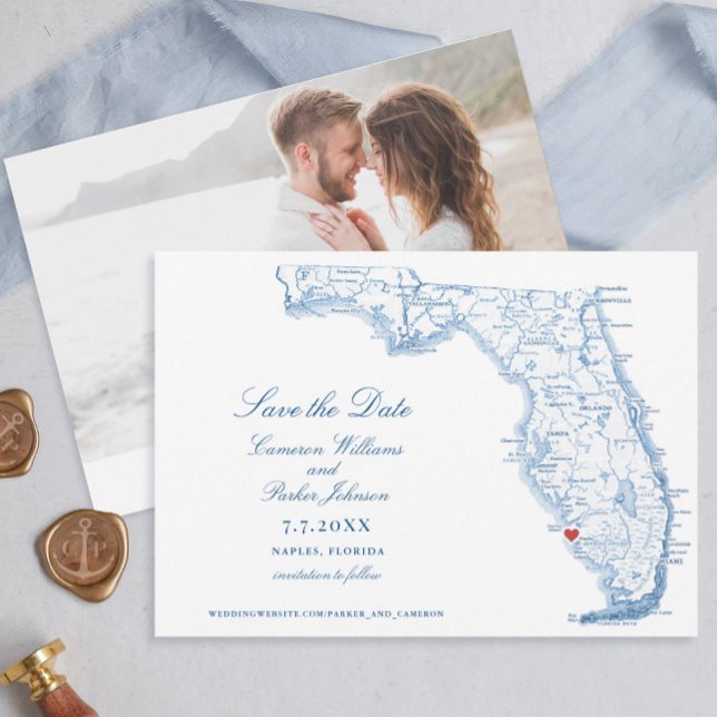 Reserve A Data Mapa do Marinho de Casamento da Flórida Elegante N (Elegant Naples Florida Map Wedding Save the Dates in navy blue by Coastal Map Designs)