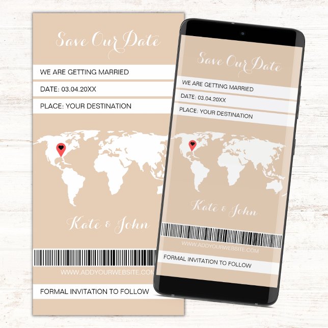 Reserve A Data Mapa do Mundo Beige White para Destino de Embarque (Beige and white save our date boarding pass electronic, modern minimalist, earth tone)