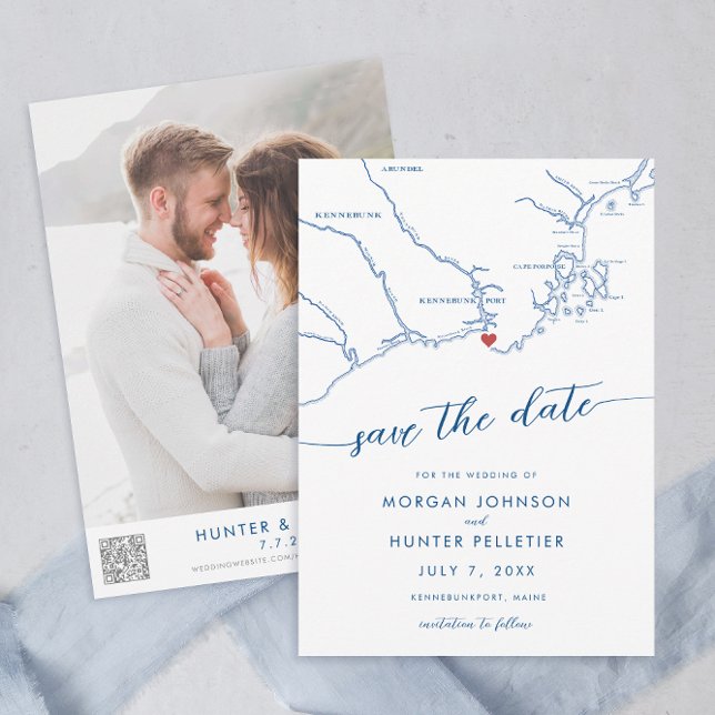 Reserve A Data Mapa Maine Moderno de Kennebunkport (Kennebunkport Map Wedding Save the Date in Modern Navy Blue with QR Code from Coastal Map Designs)