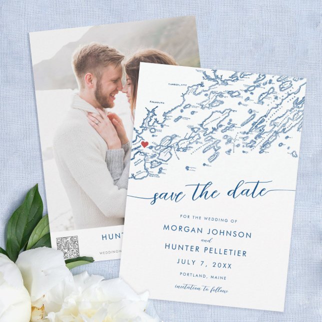 Reserve A Data Mapa Maine Moderno Mínimo do Portland (Portland Maine Wedding Save the dates minimal modern navy blyue from Coastal Map Designs)