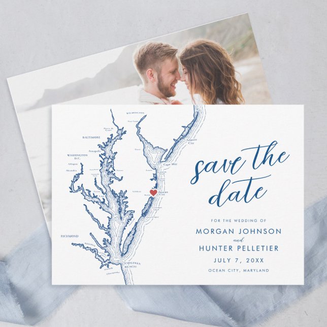 Reserve A Data Mapa Minimalista Moderno de Casamento de Ocean Cit (Ocean City Maryland Map Save the Dates with minimal modern navy blue script from Coastal Map Designs)