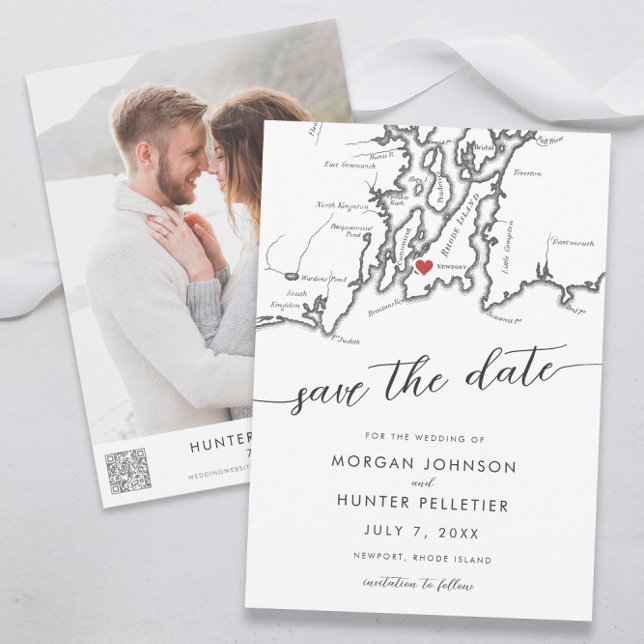 Reserve A Data Mapa Mínimo Moderno da Ilha Rhode Newport (Newport Rhode Island wedding save the date modern minimal black and white from Coastal Map Designs)