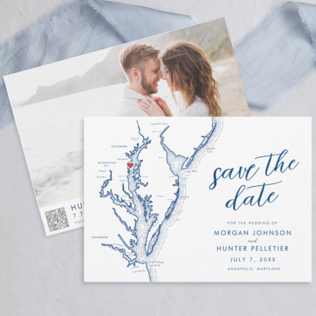 Reserve A Data Mapa Moderno do Annapolis Chesapeake Bay Casamento (Modern Annapolis Maryland Save the Date with photo and QR code in minimalist navy blue )