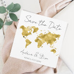 Reserve A Data Mapa Mundial de Destino Corações Móveis Salvar Dat<br><div class="desc">Cartão moderno Ideal "Salve a Data" para o casamento de destino. Faux gold foil map do Mundo. Coloque o coração onde quiser</div>