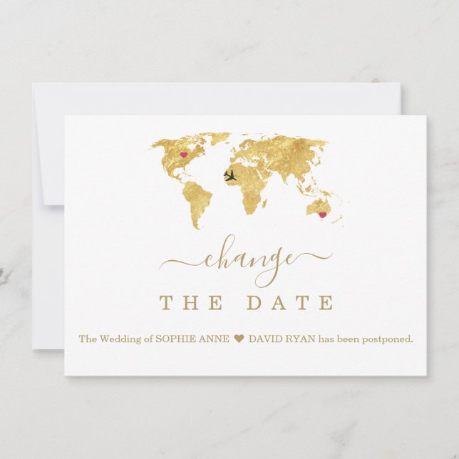 Reserve A Data Mapa Mundial Destino Dourado Casamento Mudar a Dat (Frente)