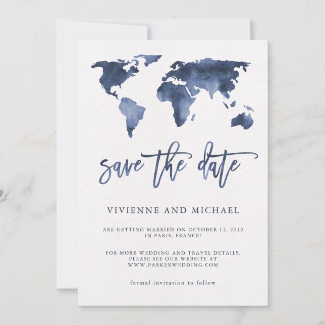 Reserve A Data Mapa Mundial em Aquarela Azul | Casamento Save the (Frente)