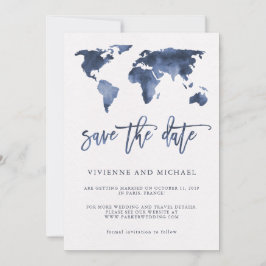 Reserve A Data Mapa Mundial em Aquarela Azul | Casamento Save the