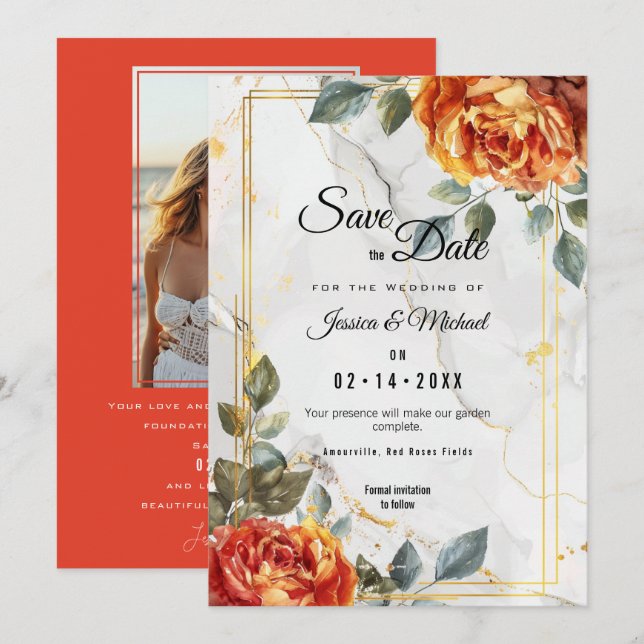 Reserve A Data Marble Dreams: Coleção de Elegância de Rosa Laranj (Frente/Verso)