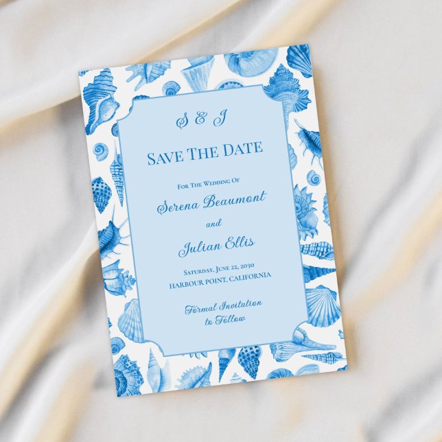 Reserve A Data Mares Azuis em Aquarela Chic Costeiro (Blue Watercolor Seashell Coastal Chic Save The Date)