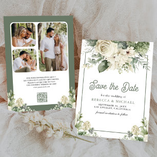 Reserve A Data Marfim Sage Verde Floral QR Code Foto Casamento