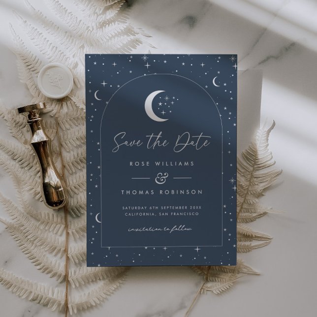 Reserve A Data Marinha Celestial Arqueada Salve A Data (Zazzle Navy Celestial Arched Save The Date)