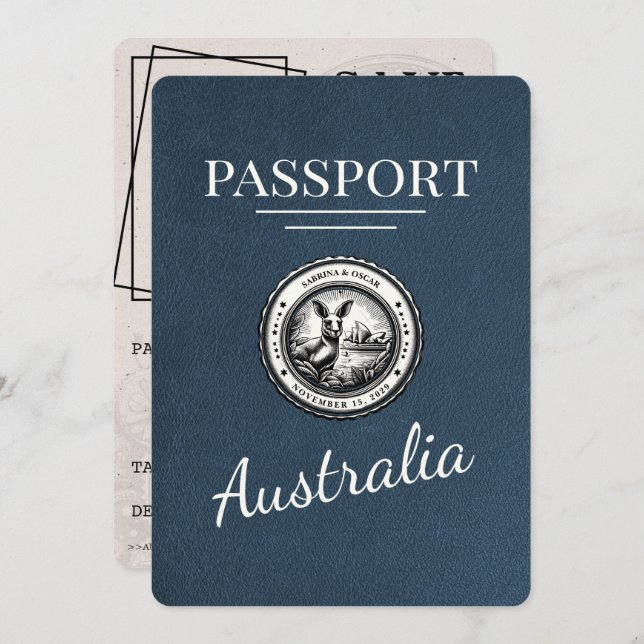 Reserve A Data Marinho Azul Austrália Passaporte Salvar Data (Frente/Verso)