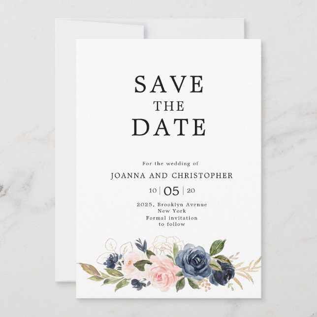 Reserve A Data Marinho Azul Blush Rosa Rosa Boho Casamento (Frente)