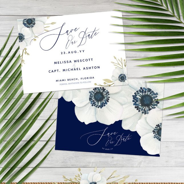 Reserve A Data Marinho Azul 💍 Casamento de Anêmona Branca Elegan (Navy Blue 💍 Elegant White Anemone Wedding Save The Date
)