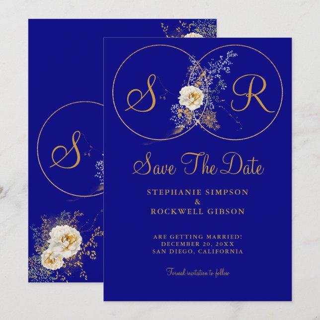 Reserve A Data Marinho Azul Dourado Monograma Casamento Salvar Da (Frente/Verso)