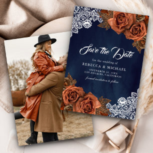 Reserve A Data Marinho Azul Dusty Terracotta Rosa Foto de Casamen