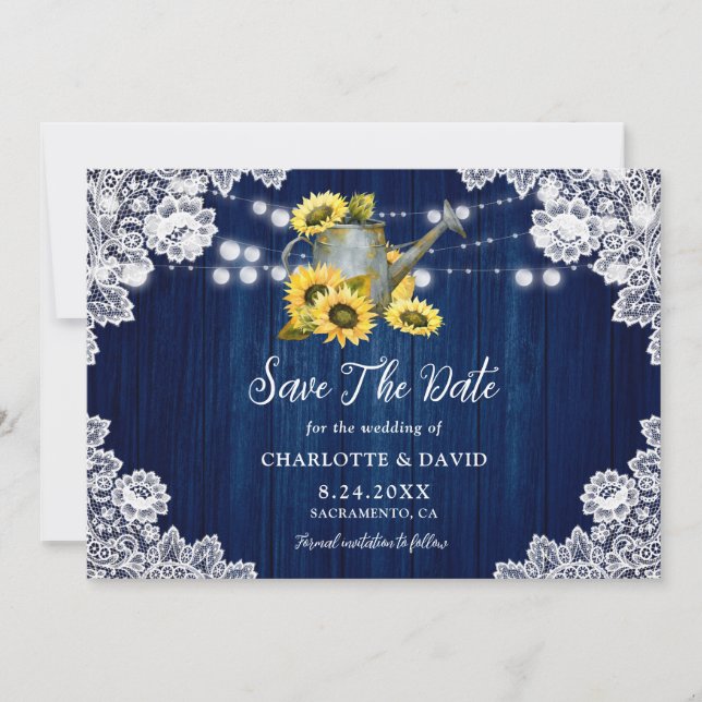 Reserve A Data Marinho Azul, Girassol, Amarragem De Lace, Casamen (Frente)