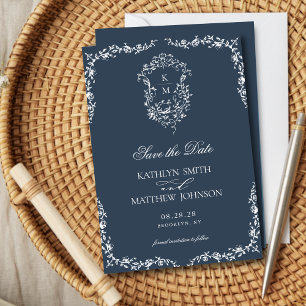 Reserve A Data Marinho Azul Monograma Vintage Floral Crest Casame