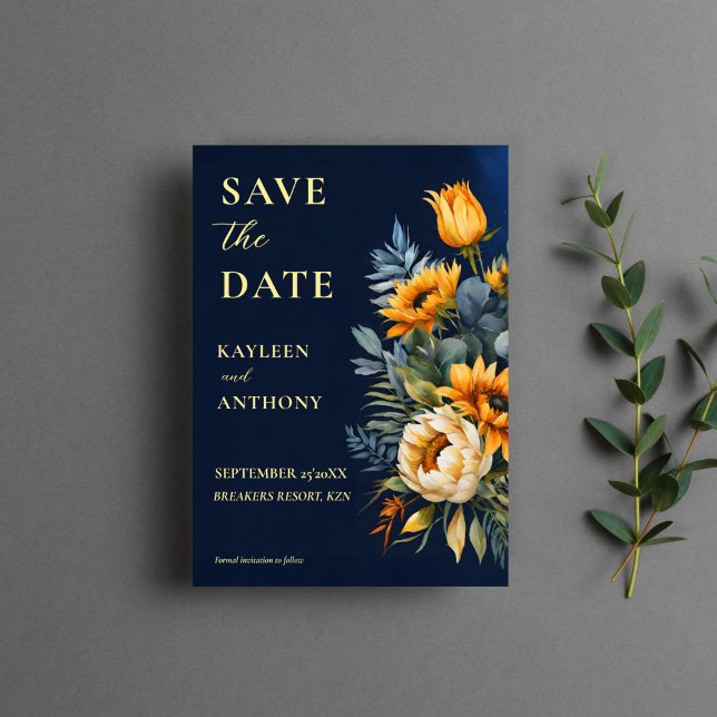 Reserve A Data Marinho azul-moody girassol casamento (Navy blue moody rustic sunflowers fall wedding save the date cards qr save the date floral elegant)