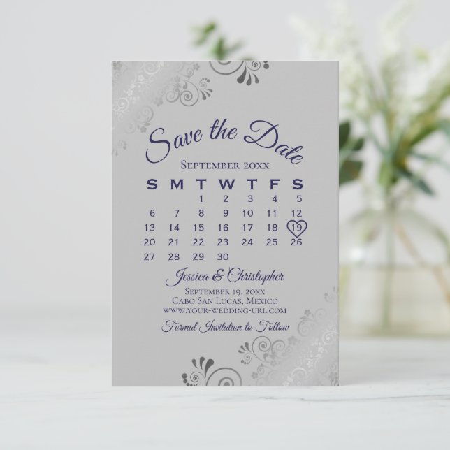 Reserve A Data Marinho Azul no Calendário de Casamento do Silver  (Em pé/Frente)