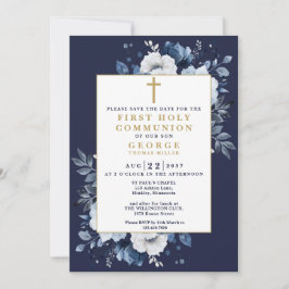 Reserve A Data Marinho Blue Boho Floral Primeira Comunhão Sagrada