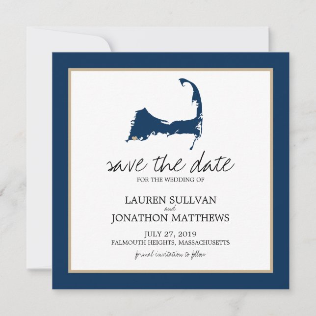 Reserve A Data Marinho Blue Cape Cod Map Casamento Salvar a Data (Frente)
