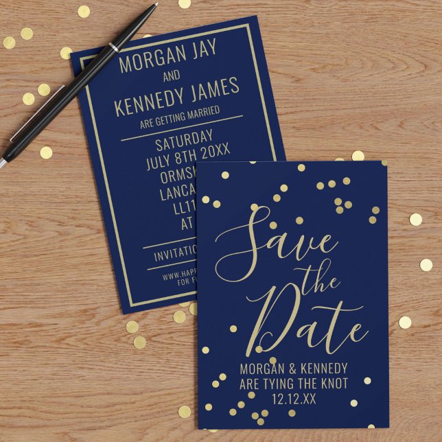 Reserve A Data Marinho Blue Dourado Confetti Flat Save The Date C (Add your wedding details to this Navy Blue and Gold Confetti Save the Date Card)