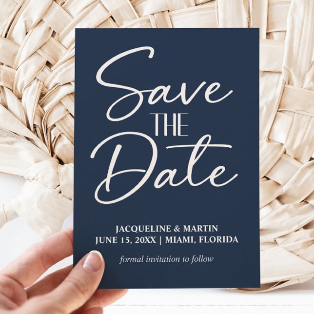 Reserve A Data Marinho Blue Hand - Casamento com Script Escrito (Navy blue and white wedding Save the Date photo card)
