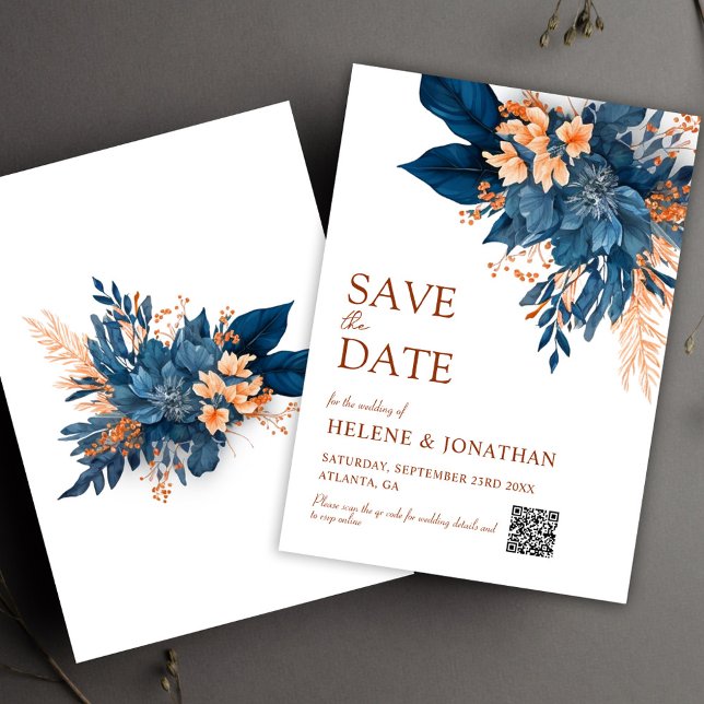Reserve A Data Marinho Blue Orange Boho Floral Elegante Casamento (Navy Blue Orange Boho Floral Elegant Wedding Save The Date)