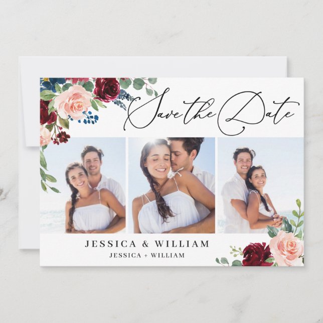 Reserve A Data Marinho Blush Floral Rosas 3 FOTO Casamento (Frente)