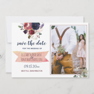 Reserve A Data Marinho Boho Burgundy Foto Floral ZZ Salvar Data