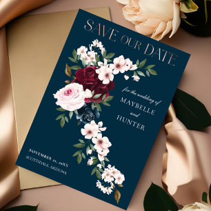 Reserve A Data Marinho Borgonha Aquarela Floral Elegante